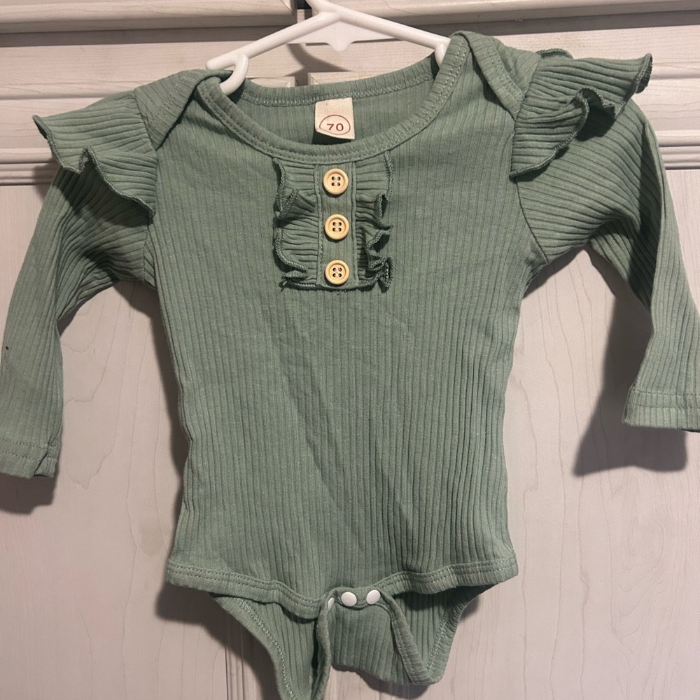 Sage Green Ribbed Bodysuit with Ruffled Shoulders
